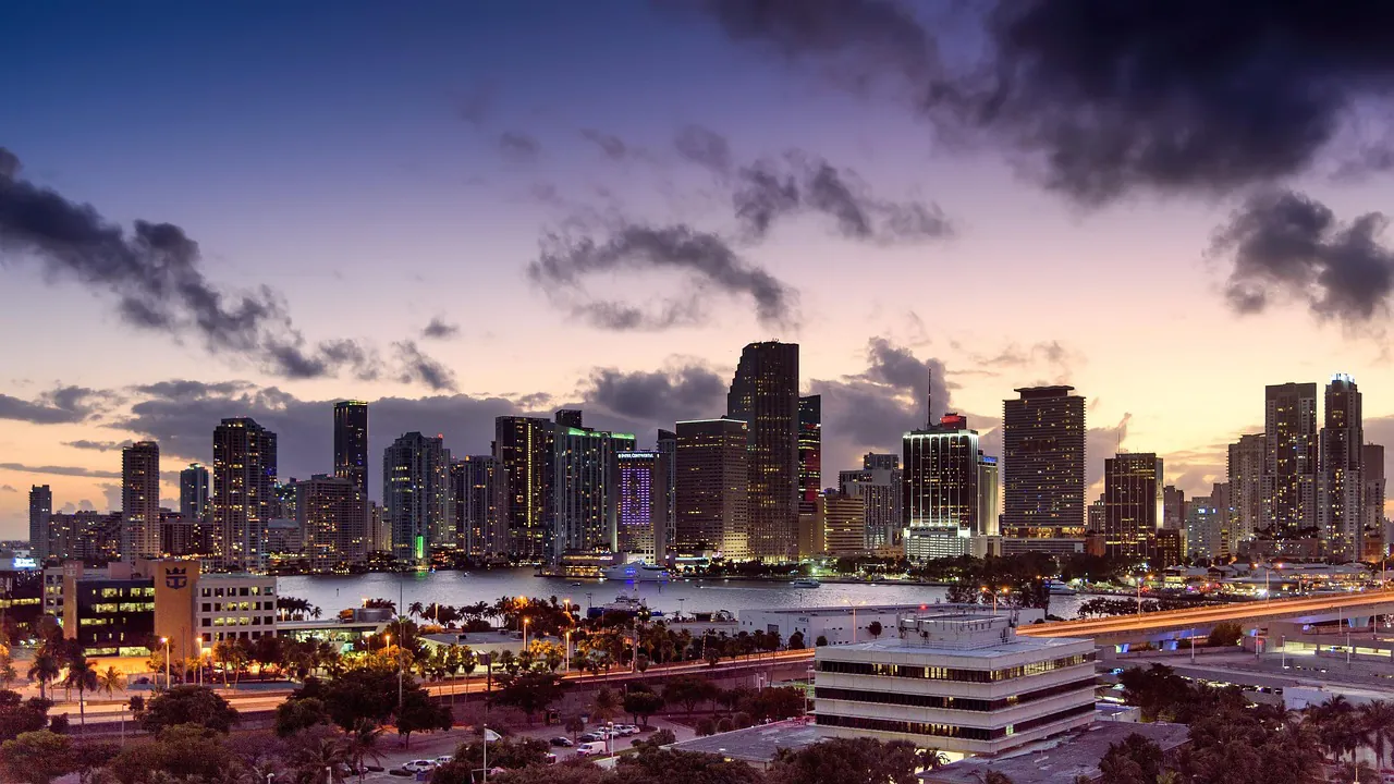 miami, florida, sunset, skyline, architecture, scenery, cityscape, downtown, building, urban, sky, skyscraper, city, clouds, tower, metropolis, nature, scenic